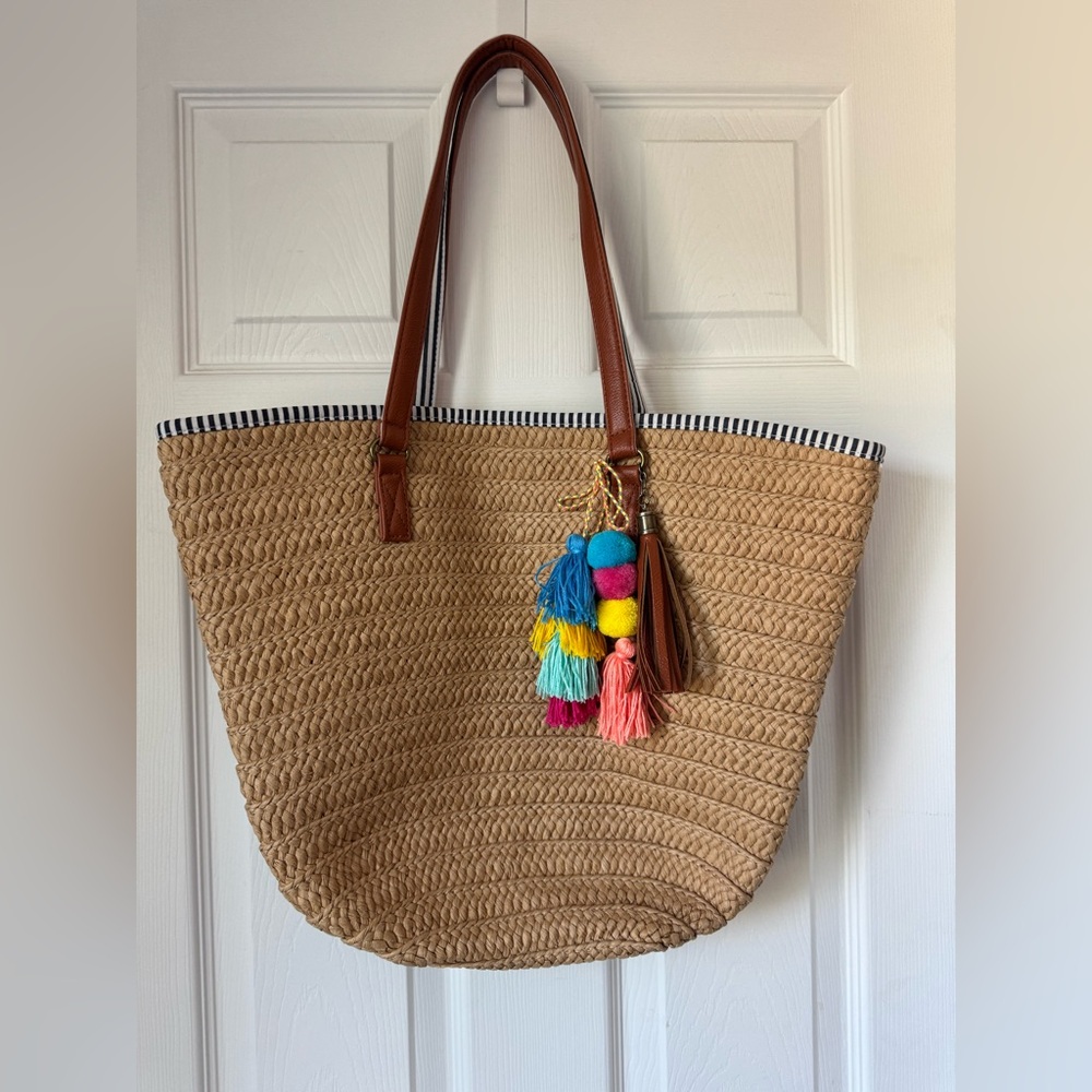Stylish Tan Woven Tote Bag with Colorful Tassels